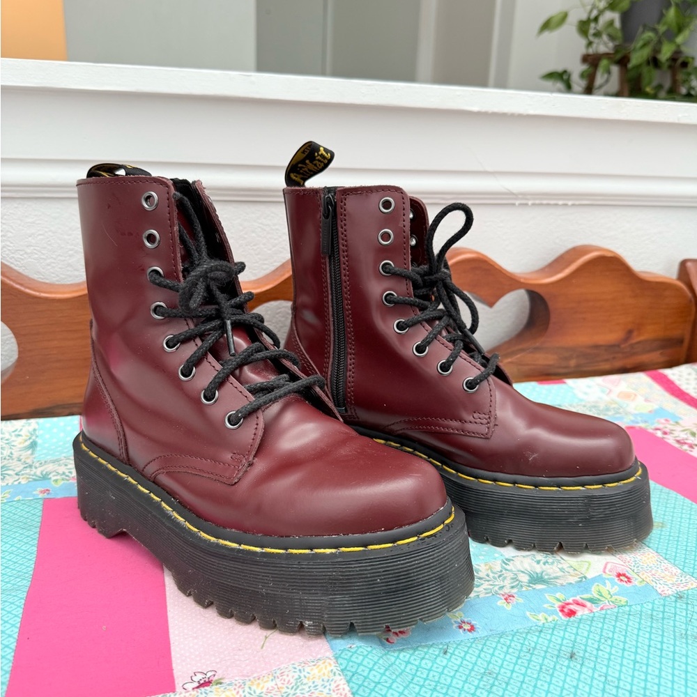 Dr. Martens Women's Cherry Red Jadon Platform Leather Boots - Picture 2 of 4